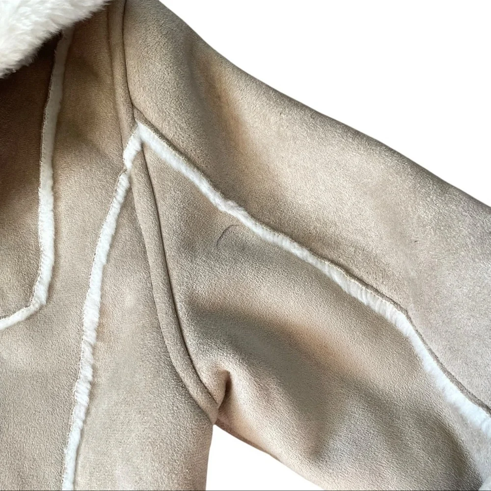 VINTAGE 90s Cream Faux Suede & Fur Hooded Coat Size Large - Picture 14 of 15